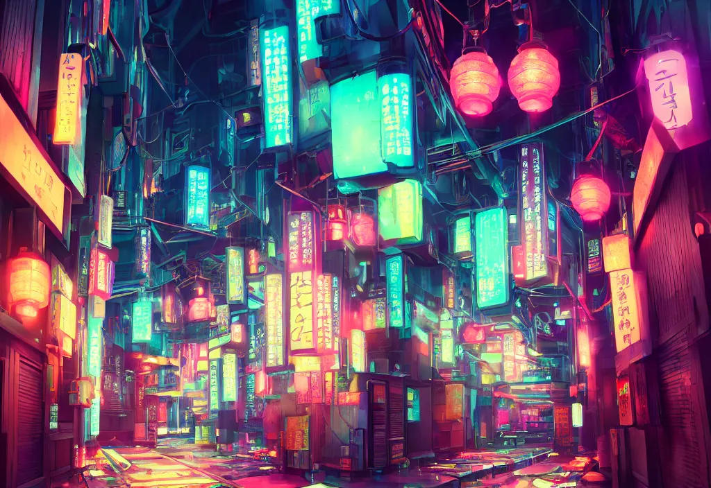 Image similar to a futuristic cyberpunk japanese izayaka alley with neon lights and lanterns, soft glow, intricate, cybernetic, trending on artstation, octane render, colorful, by rossdraws and makoto shinkai