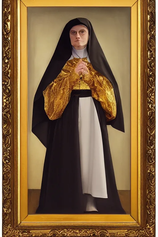 Image similar to portrait, beautiful vampire nun, tight opulent gold embroidered habit, studio lighting, art jacek malczewski