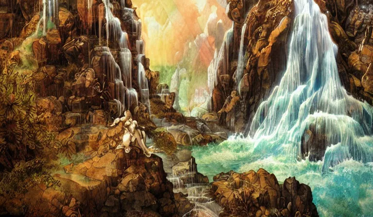 Image similar to innovative waterfall the ancient gods fantasycore landscape, Precise and Intricate Linework, Art Nouveau Cosmic 4k Detailed Matte Illustration trending on Flickr ,CGSociety, Crimson and Ecru color scheme, Pastiche by Albrecht Dürer, Pastiche by Don Maitz