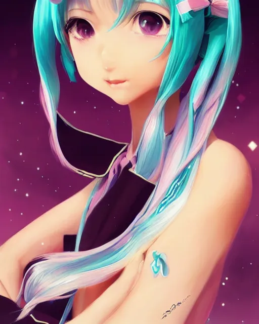 Prompt: A very very very beautiful painting of Hatsune Miku by rossdraws, wlop, artgerm, Gil Elvgren, Ilya kuvshinov