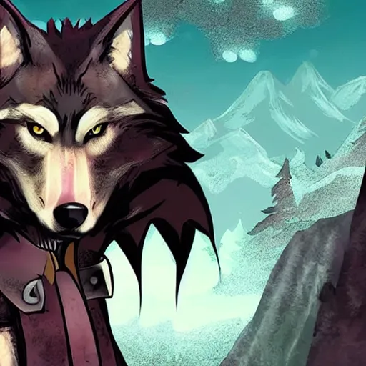 Prompt: a wolf wearing a ragged cape, visual novel, evil