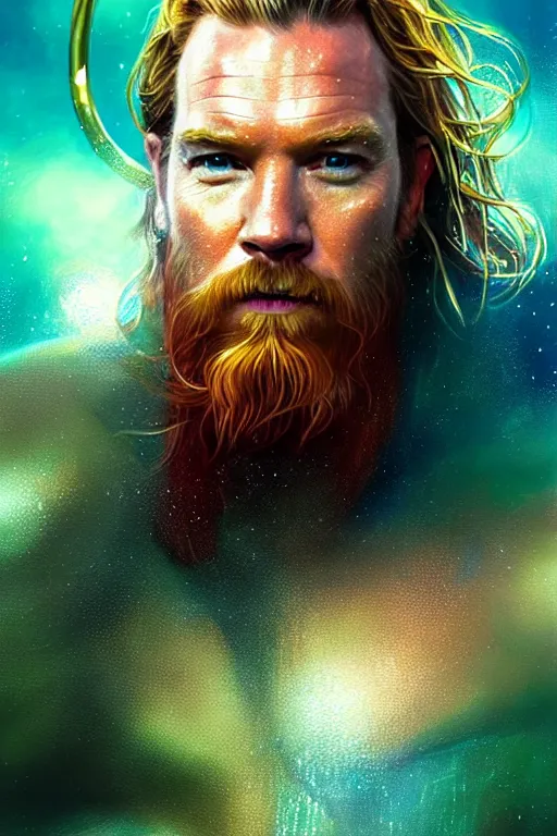 Image similar to portrait of ewan mcgregor as aquaman, beard, underwater, long hair, serious, intricate, elegant, gold, glowing lights, highly detailed, digital painting, artstation, concept art, smooth, sharp focus, illustration, art by wlop, mucha, artgerm, and greg rutkowski