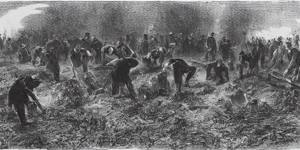 Prompt: Townsfolk digging up a grave at night, torches, 1880's, high angle