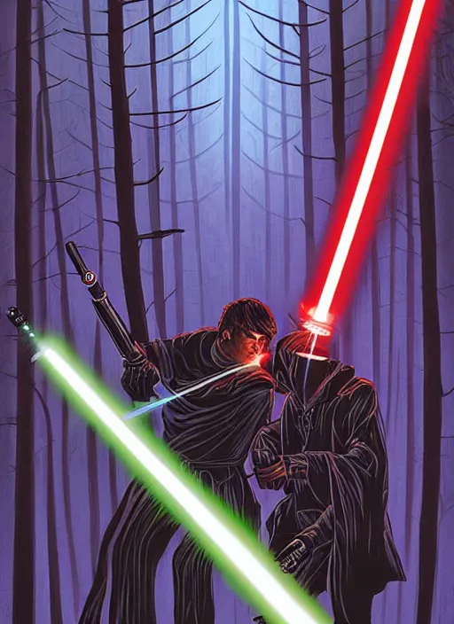 Image similar to lightsaber duel in a forest at night by Dan Mumford