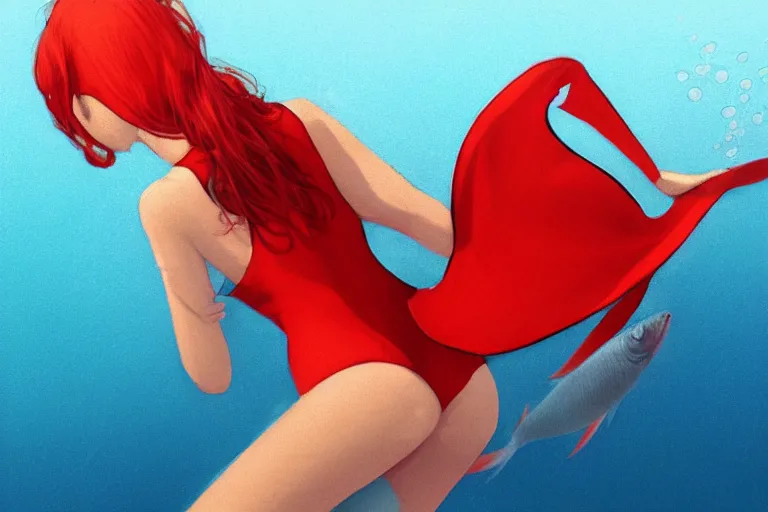 Image similar to fishes swim around woman in red swimsuit, highly detailed, smooth, sharp focus, concept art, illustration, beautiful, geometric, trending on artstation, cinematic, behance featured, artwork by Bowater, Charlie