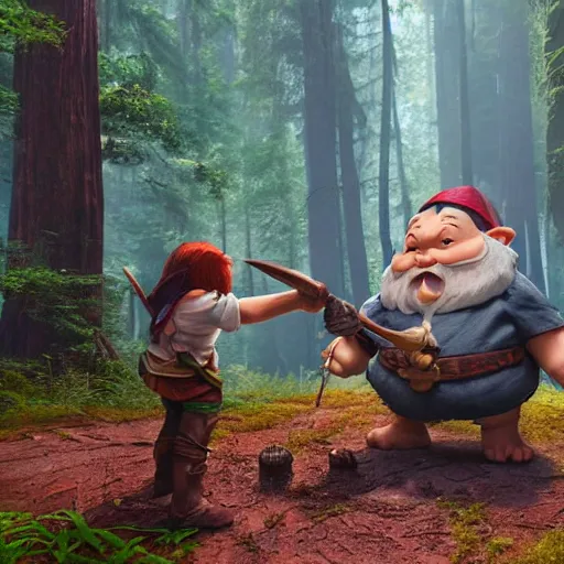 Image similar to a fantasy halfling gnome buffing his halfling allies in a redwood forest, unreal engine, octane render, realistic, matte painting, masterpiece, studio ghibli, beautiful, magical,