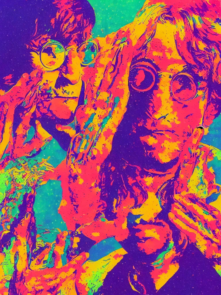 Image similar to a closeup portrait of john lennon wearing colorful psychedelic clothing, taking mind altering drugs, a blotter paper of lsd acid and dreaming psychedelic hallucinations in a vast beautiful landscape, by kawase hasui, moebius, edward hopper, colorful flat surreal design, dramatic lighting, hd, 8 k, artstation