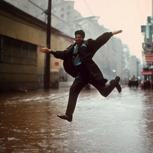 Prompt: a wide photography full body of a man jumping over a puddle of water in a rainha day, kodachrome