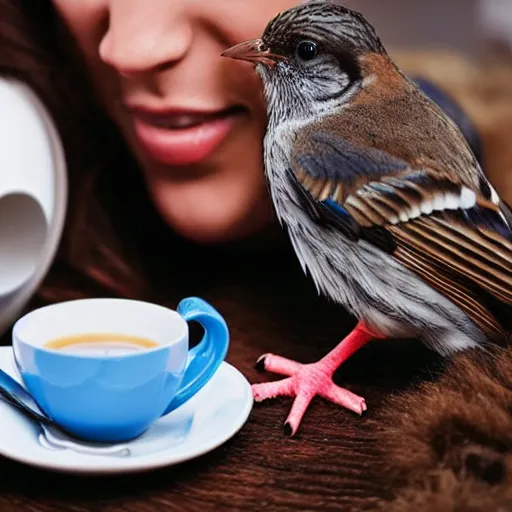 Prompt: mix between woman and bird, having a cup of coffee.