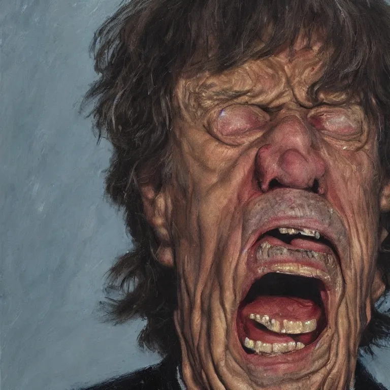 Image similar to warmly lit close up studio portrait of very old furiously angry!! Mick Jagger age 115 angrily singing, impasto oil painting thick brushstrokes by Cy Twombly and Tim Hawkinson , trending on artstation dramatic lighting Expressionism