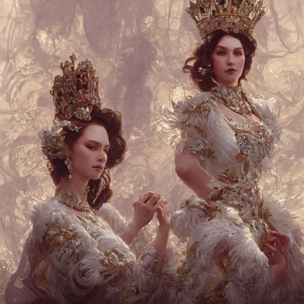 Image similar to a realistic queen with a decorated dress made of white pearls and white plumes of swan, highly detailed, digital painting, Trending on artstation , HD quality, by artgerm and greg rutkowski and alphonse mucha, dramatic light, octane