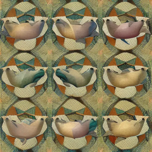 Prompt: tessellation showing dolphins and birds