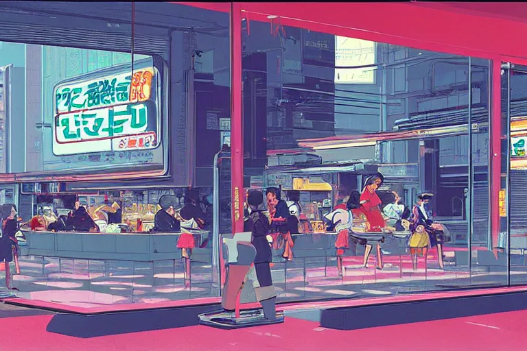 Image similar to a fast food window downtown in neo - tokyo. concept art by syd mead