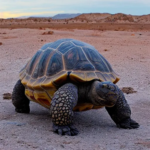 Prompt: gargantuan tortoise with an urban sprawl on it's back. Traveling through and arid wasteland.
