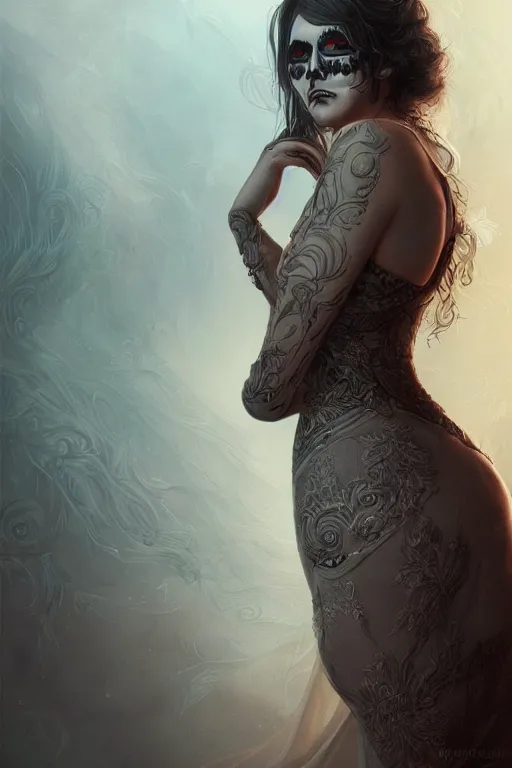 Prompt: ultra realist and ultra intricate detailed character concept art of a beautiful flirt muerte girl in a curvy long dress facing camera, symmetry features, sensual style, volumetric light and fog, fantasy background, artstation, Tom Bagshaw artstyle