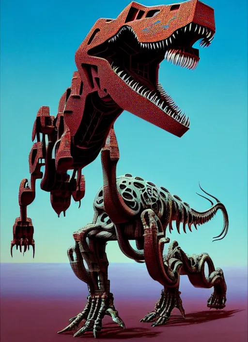 Image similar to transformer trex robot dinosaur, by roberto aizenberg, zdzisław beksinski, brian despain, peter gric, boris artzybasheff and hr giger, hyper detailed, screen print, concept art, hyperrealism, coherent, cgsociety, zbrush central, behance hd, hypermaximalist