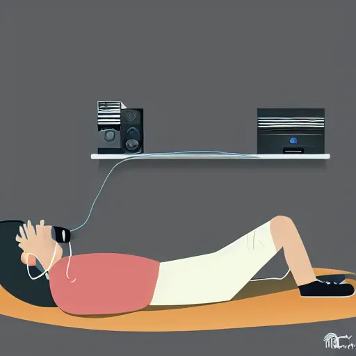 Image similar to a guy listening to music lying down in a chill out room, concept art