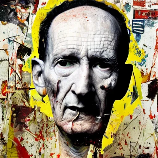 Image similar to hyperrealistic, photorealistic, mixed media oil painting of william s burroughs, magazine scraps, plaster, blood, oil, mustard, splatter, greg rutkowski, basquiat, ralph steadman, wesley kimler