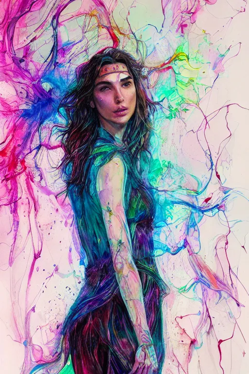 Image similar to gal gadot by agnes cecile enki bilal moebius, intricated details, 3 / 4 back view, full body portrait, extremely luminous bright design, pastel colours, drips, autumn lights