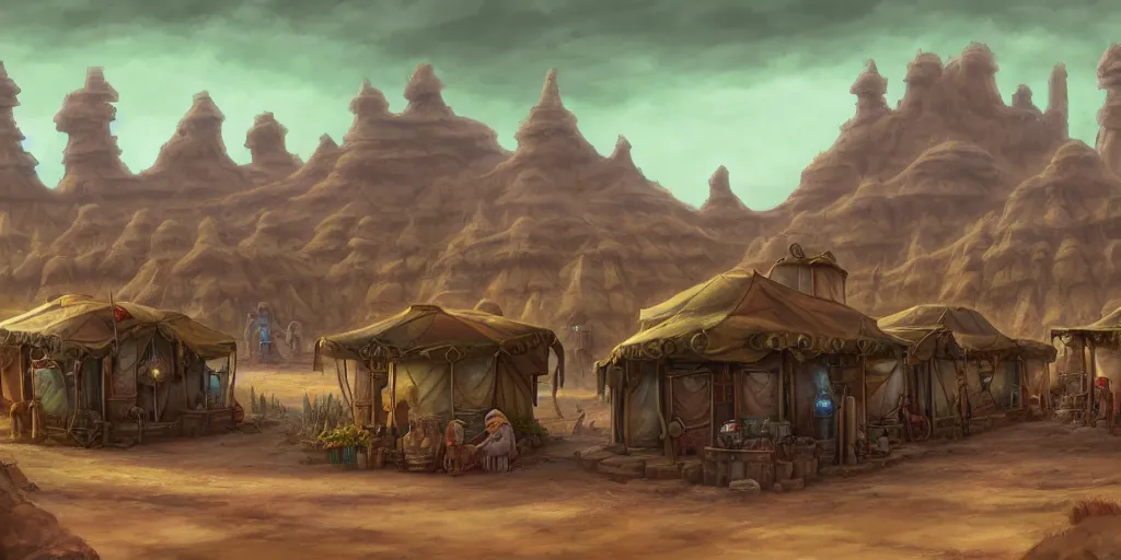 Prompt: colored merchant tents sprawl throughout hematite claystone badlands, matte oil painting, retrofuturistic science fantasy, shrines, trees, rpg, epic, extremely detailed, sharp focus, 4 k