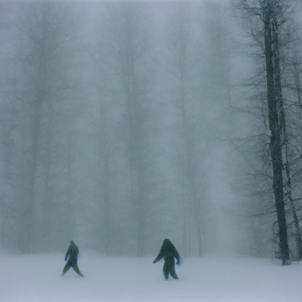 Image similar to photo, bigfoot is hiding in the background. cold color temperature, snow storm. hazy atmosphere. humidity haze. kodak ektachrome, greenish expired film, award winning, low contrast