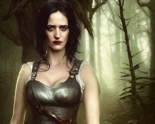 Prompt: 5 5 mm portrait photo of a real life tough looking eva green as ciri with a large scar along her left cheek, in a magical forest. dark atmosphere. art by greg rutkowski. highly detailed 8 k. intricate. lifelike. soft light. nikon d 8 5 0.