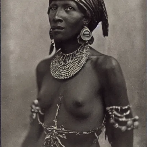 Prompt: vintage photo of a west african manding queen by edward s curtis, photo journalism, photography, cinematic, national geographic photoshoot