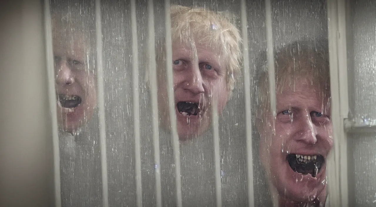 Prompt: a zoomed out photo taken from the inside of an old house, showing window blinds being pulled back to reveal a terrifying boris johnson with his unhinged face pressed against the window and his bloody hands placed on the window, horrifying grin. horror, raining, night time