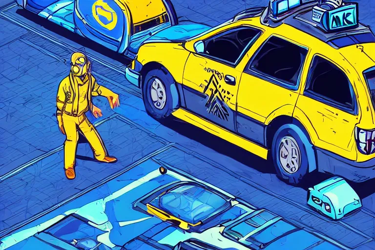 Prompt: cell shaded!! Taxi cab infront of a blue background, isometric, as Borderlands 3 concept art, llustration, concept art by Laurie Greasley, highly detailed, sharp focus,alien, HQ, 4K ,art by Laurie Greasley