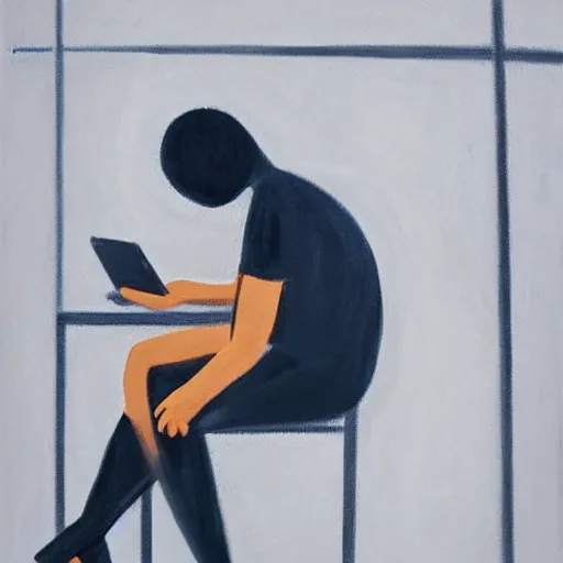 Prompt: painting of a person sitting on toilet scrolling through social media, sad, gloomy, dark