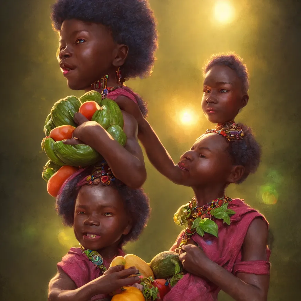 Image similar to Portrait, Happy African child carrying fruit and veg, divine details intricate African jewelry, fairycore, rainbow warrior, semi realistic comic Dr Zeus, octane render, A harmonious integration happy concept art Akitipe studios, volumetric lighting cinematic +8k, ethereal fantasy by greg rutkowski, Trending on artstation