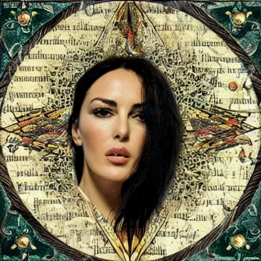 Image similar to a beautiful!!! portrait of Monica Bellucci, collage art of pages from alchemical grimoires, 8K, highly detailed, cryptic and mysterious, hypermaximalist, photorealistic