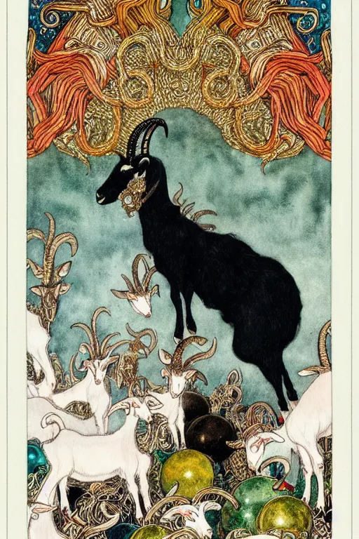 Image similar to goat man with horns and black fur in the center of a frame made of christmas ornaments, art by kay nielsen and walter crane, illustration style, watercolor