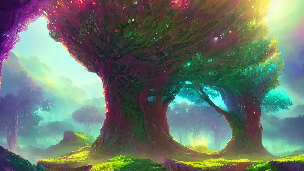 Image similar to multicolored iridiscent crystals growing on colossal everlasting trees, by sylvain sarrailh, rossdraws, ambient light, ultra detailed, fantasy artwork, 8 k, volumetric lighting, trending on artstation, award winning, very beautiful.