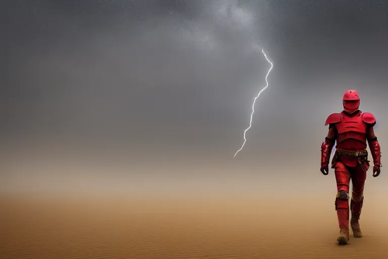 Prompt: a cinematic landscape photograph of a man dressed in red armour trekking through a desert, dust storm, thunder and lightning, lee madgwick and zack snyder, 8 k, hd, high resolution, 3 5 mm, f / 3 2, tenet