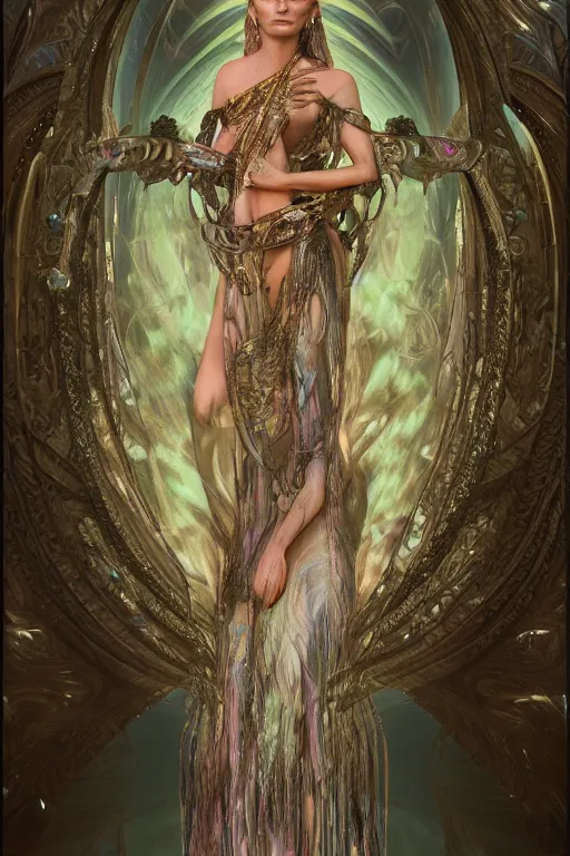 Image similar to a realistic moody photo of a beautiful ancient alien woman goddess kate moss durga standing in iris van herpen dress jewelery and fractals in style of alphonse mucha art nuvo dmt trending on artstation made in unreal engine 4