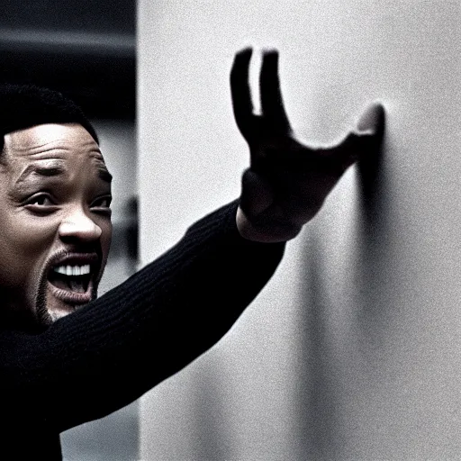 Image similar to will smith slapping a wall with his giant hand. training montage, movie still, cinematic lighting, 3 5 mm film.