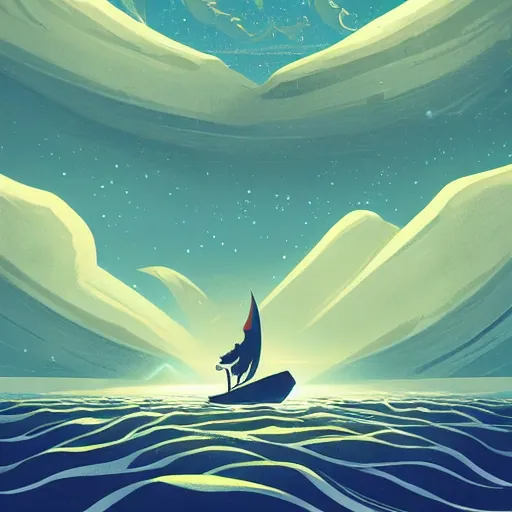 Prompt: sea under starry sky, animated film, stylised, illustration,, fantasy art, 2 d game art, by eyvind earle, scott wills, genndy tartakovski, roman shipunov, etienne hebinger, atey ghailan, cgsociety, cynical realism