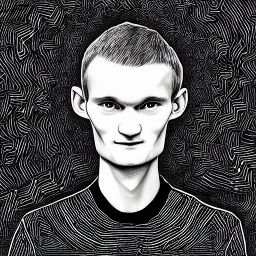 Image similar to Geometrically surreal Vitalik Buterin, extremely high detail, photorealistic, intricate line drawings, dotart, album art in the style of James Jean