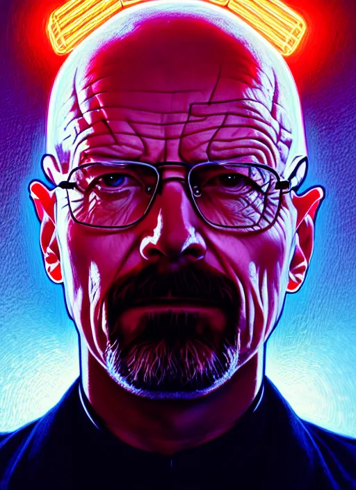 Prompt: symmetry portrait of walter white, sci - fi, tech wear, glowing lights intricate, elegant, highly detailed, digital painting, artstation, concept art, smooth, sharp focus, illustration, art by artgerm and greg rutkowski and alphonse mucha
