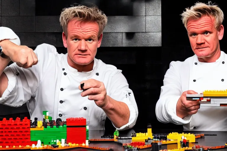 Prompt: gordon ramsey building a lego food