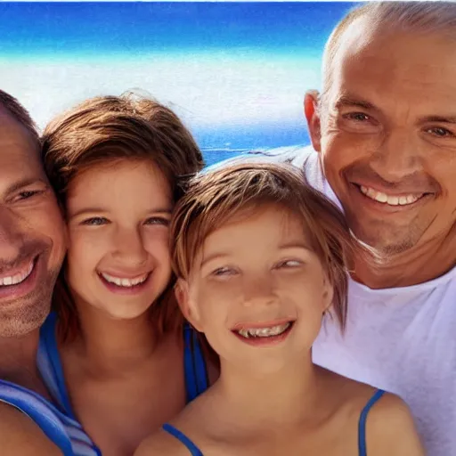 Prompt: portrait of a happy family on a beach, realistic shaded perfect face, extremely fine details, realistic shaded lighting, 8 k ultra realistic, highly detailed, ultra detailed