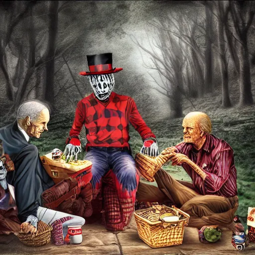 Image similar to freddy krueger, lich lenin and joe biden on a picnic, photo portrait, hyper realism, creepy, symmetry, awesome exposition, very detailed, highly accurate, professional lighting diffracted lightrays, 8 k, sense of awe