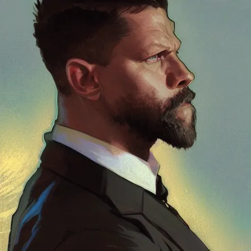 Image similar to Gavin McInnes wearing a suit in the Black Panther, sigma male, portrait art by alphonse mucha and greg rutkowski, highly detailed, digital painting, concept art, illustration, dim lighting with twilight rays of sunlight, trending on artstation, very detailed, smooth, sharp focus, octane render