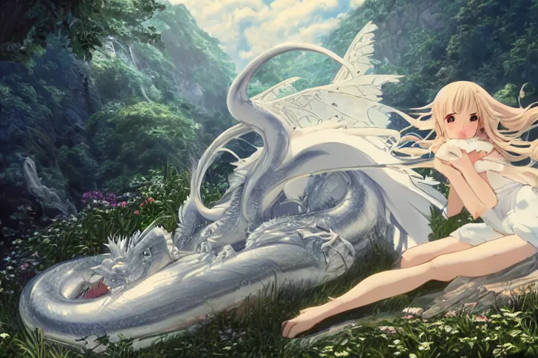 Image similar to a hyper detailed big render that beautiful princess lie on the ground be surrounded in the white clouds fairyland center by a huge silver white dragon, finely detailed angelic face, style of studio ghibli, makoto shinkai, xision, ilya kuvshinov and artgerm, kazuki tanahashi, james jean, animation style, golden curve composition, telephoto lens