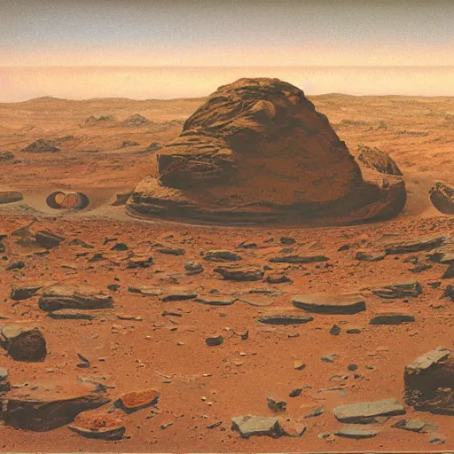 Image similar to A mars landscape by Chesley Bonestell, detailed