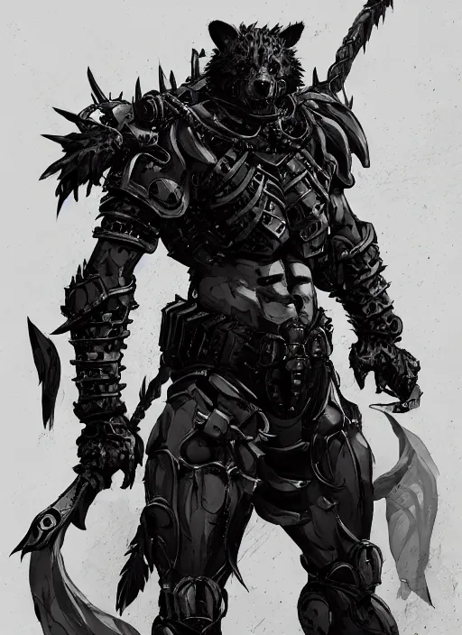 Image similar to Full body portrait of a scary gnoll. Armour made of human skulls. In style of Yoji Shinkawa and Hyung-tae Kim, trending on ArtStation, dark fantasy, great composition, concept art, highly detailed.