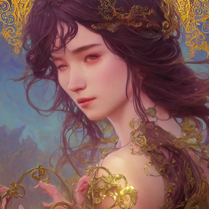 Image similar to iu fantasy novel cover, close up, highly detailed, gold filigree, romantic storybook fantasy, soft cinematic lighting, award, disney concept art watercolor illustration by mandy jurgens and alphonse mucha and alena aenami, pastel color palette, featured on artstation