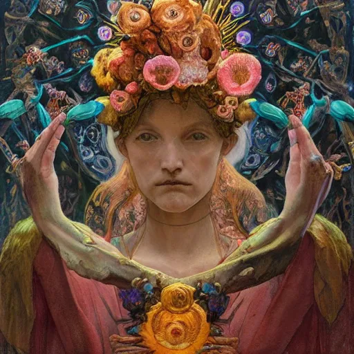 Image similar to the bone crown, by Annie Swynnerton and Nicholas Roerich and Donato Giancola, embroidered robes, floral tattoos, bioluminescent, elaborate costume, geometric ornament, symbolist, soft colors, dramatic lighting, smooth, sharp focus, extremely detailed