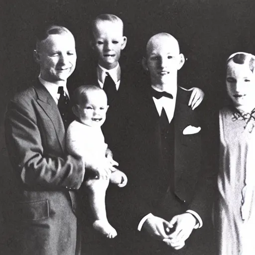 Image similar to a family portrait, all family members have the aphex twin come to daddy face, 1 9 2 0 s